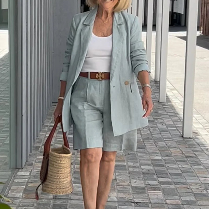 Summer New Solid Color Long Sleeve Shorts For Women's Suit Set Stylish Cardigan Female Office Suit 2 Piece Set