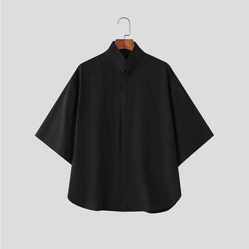Japanese Style Men Stand Collar Half Sleeve Shirt Loose | SAMAG
