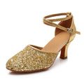 Glitter Women Latin Dance Shoes Closed Toe Ankle Strap Cha Cha Tango Mid Heel Soft Suede Sole Practice Performance Indoor Pumps