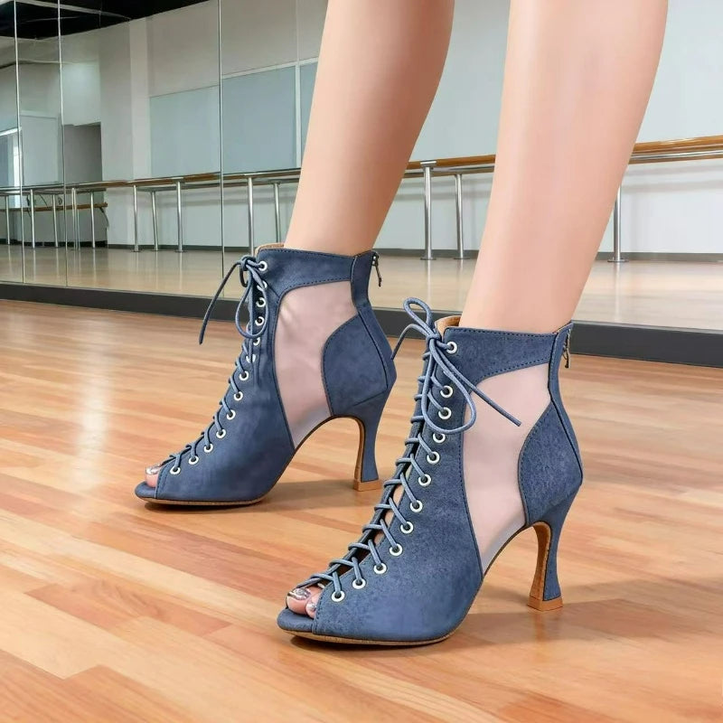 Adult Denim Latin Dance Shoes for Women Mesh Hollow Out Sandals Modern Jazz Boots Soft Sole Indoor Stage  Fish Mouth Ankle Boots