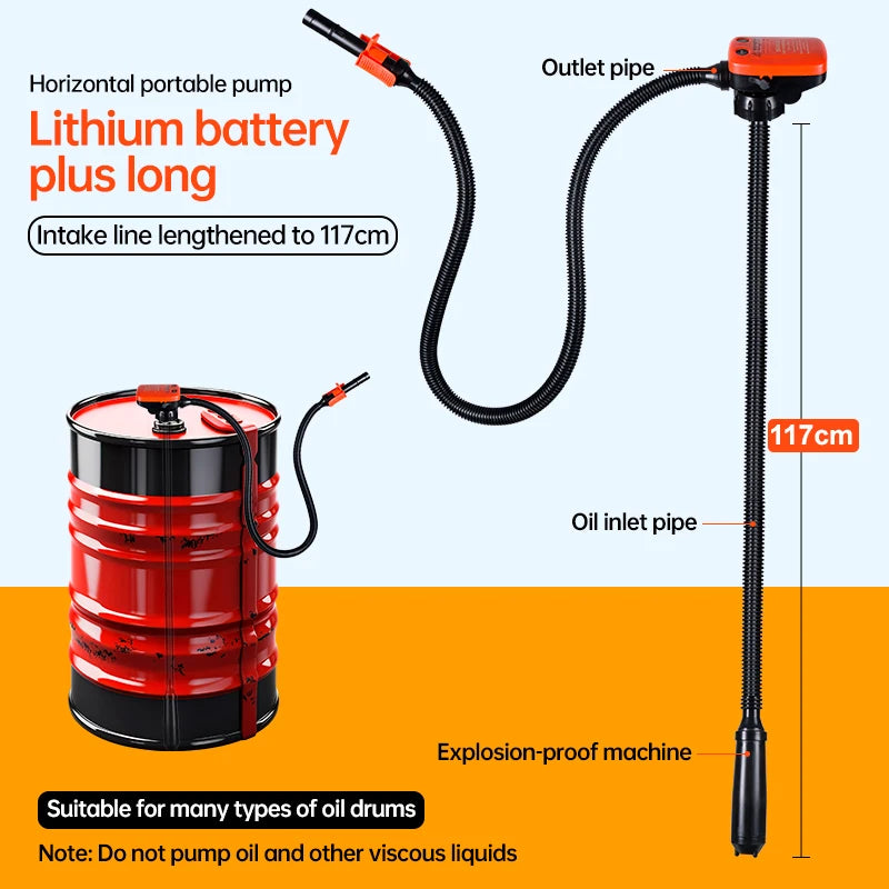 Rechargeable electric car fuel pump with lithium battery, capable of pumping gasoline. Electric, automatic, suitable for self-dr