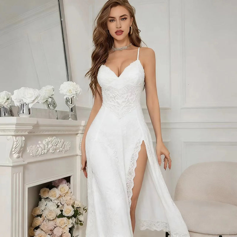 Women Sexy Split Mesh Lace Floral Sheer Babydoll Lingerie Nightgown Dress Sensual Pure Desire Seductive Hot Side-Slit Nightwear