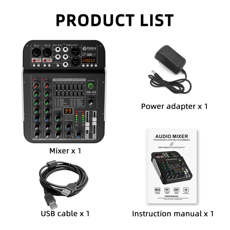 Debra DB-4X 4-Channel Professional Mixer And Sound Card, Bluetooth 5.0, +48V, Multifunctional Input Support, For PC Recording