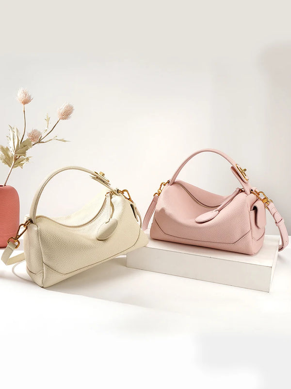 Women Genuine Leather Pillow Bag Designer Metal Hardware Top Handle Ladies Handbag Small Boston Tassel Girls Beige Leather Bag