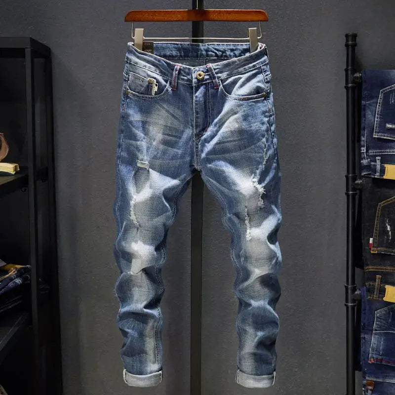 American Elastic Straight Jeans Men Ripped Worn-out | SAMAG
