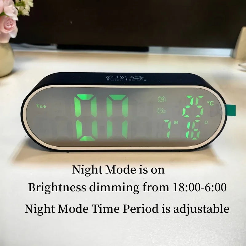 Digital Alarm Clock TEMP Date Week 2 Alarms Night Mode Snooze 12/24H Anti-disturb Voice Control Rechargeable LED Mirror Clock