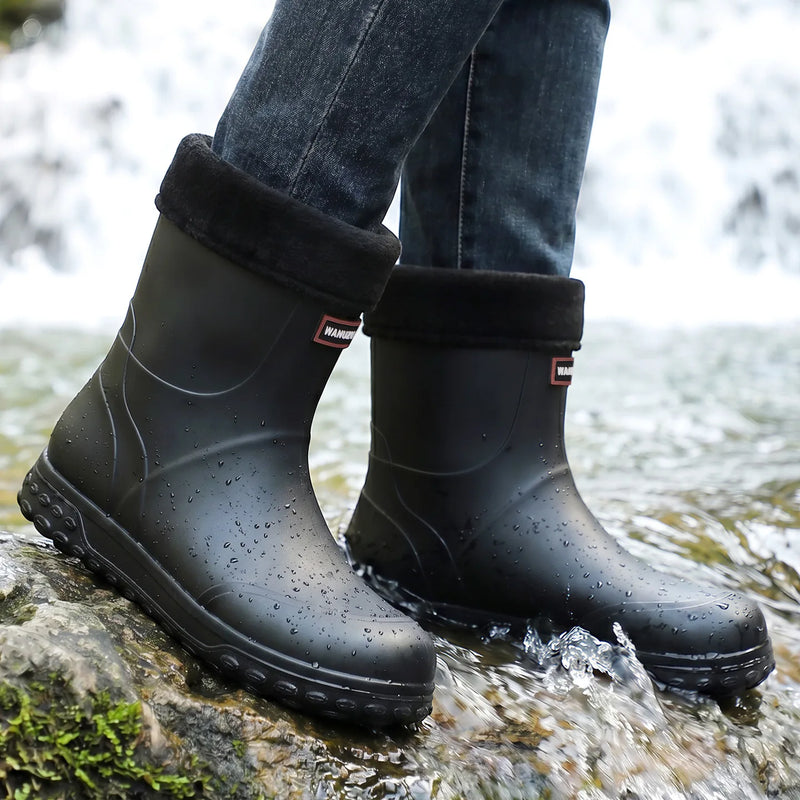 Men's Fashion Rain Boots High Quality Anti-Slip Waterproof Shoes Thick Bottom Wear-Resistant Outdoor Drawstring Work Rubber Shoe