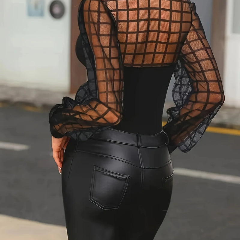 Fashionable Temperament Commuting Black Grid Long - Sleeved - View 2 | SAMAG
