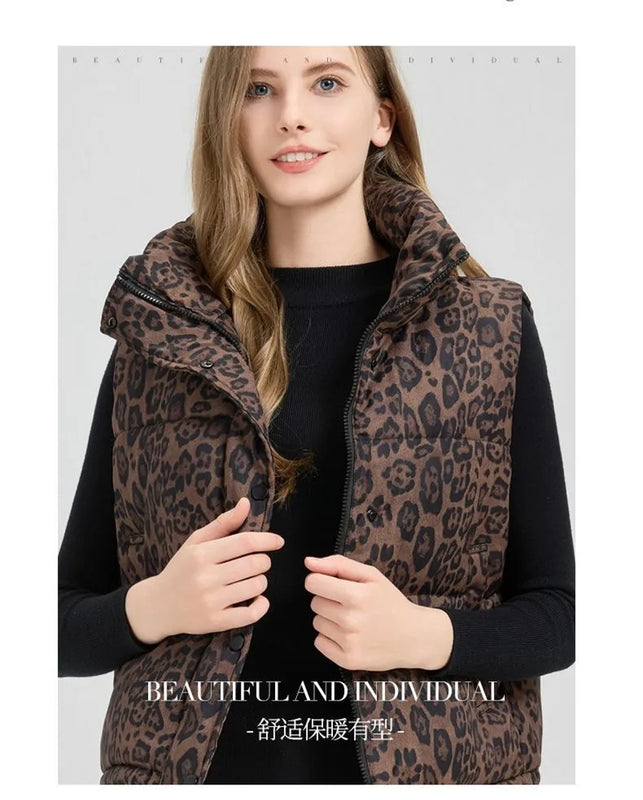 Leopard Women's Autumn Winter Sleeveless Parkas Jacket 2025 Woman Mandarin Collar Cotton Padded Vest Korean Style Waistcoat