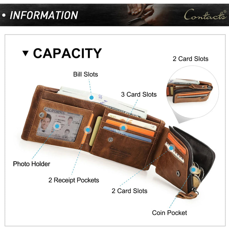 CONTACT'S Genuine Crazy Horse Leather Men Wallets Vintage Trifold Wallet Zip Coin Pocket Purse Cowhide Leather Wallet For Mens