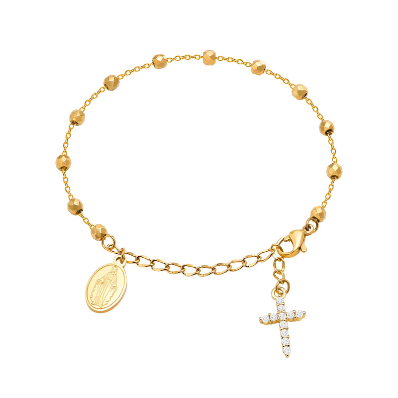 Charm Cubic Zirconia Cross Rosary Bracelet for Women, Stainless Steel Mary Adjustable Link, Religious - Visuel 5 | SAMAG