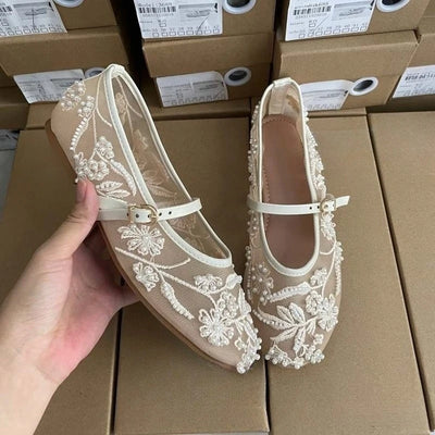 Embroidered Pearl Mesh Women Mary Jane Shoes Casual | SAMAG