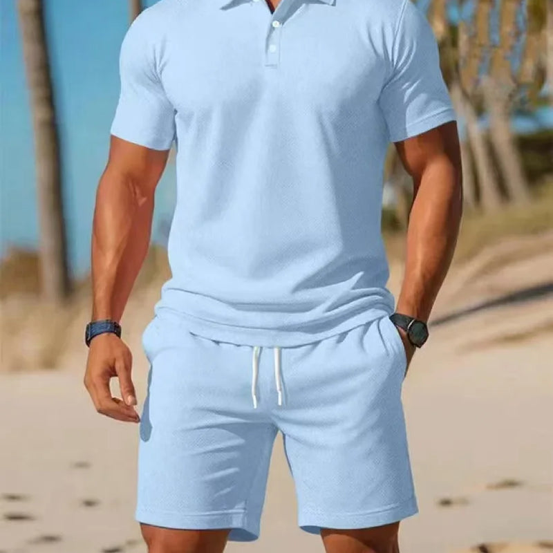 Summer New Men's Polo Shirt Set Casual Sporty Cool Fashionable Slim Fit Solid Color Short-Sleeved Shorts Set Men's