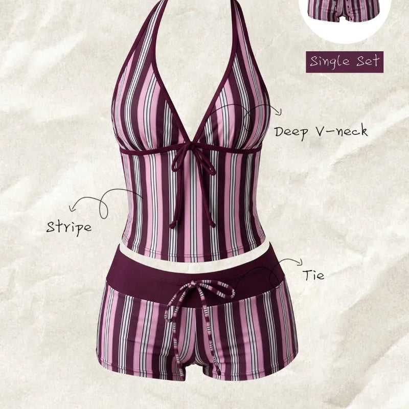 Women Bikinis Set Vintage Striped Floral Tankini Swimsuit | SAMAG
