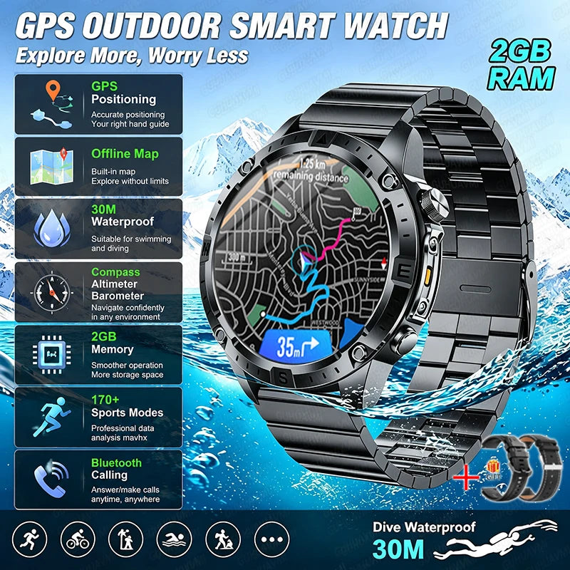 2026 Offline Map New Smart Watch 3ATM Waterproof GPS Navigation Compass Altimeter Flashlight Men 170+ Sports Bracelet Men Women