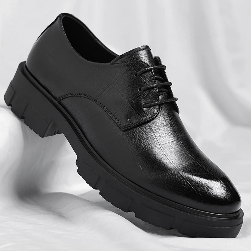 10cm Height Increasing Cowhide Men's Shoes, Fashionable, Casual, Business Office Thick Soled Men's Formal Shoes