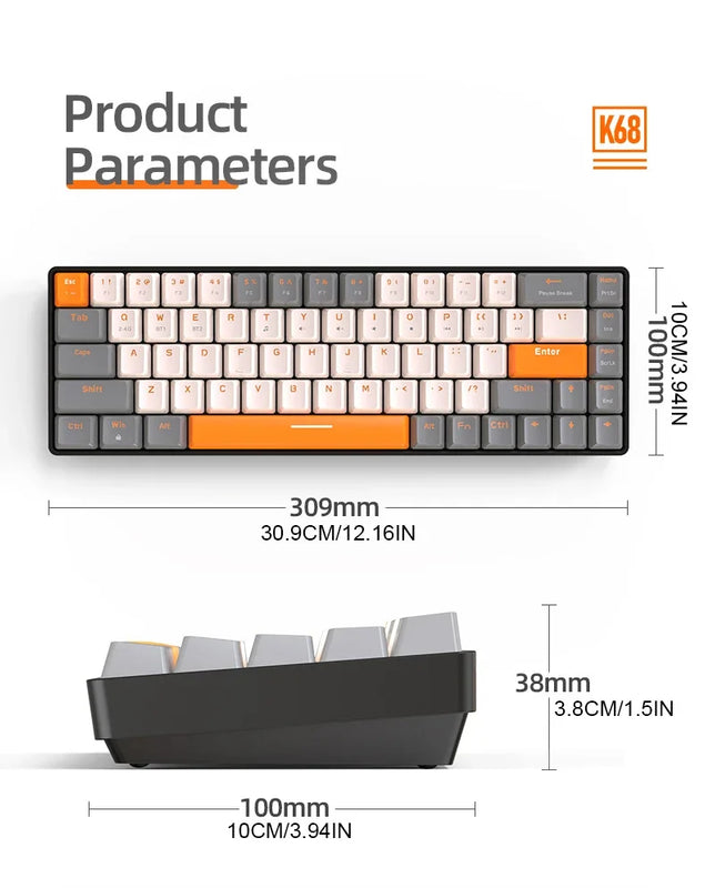 K68 60% Wireless Mechanical Keyboard with BT 5.0/2.4Ghz Dual Mode Receiver Compact 68-Key Hot Swap Gaming Keyboard for PC Mac Xb