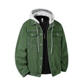 Autumn Men's Green Hooded Denim Jacket, Detachable Hood, Available in Gray, Black, and Blue.