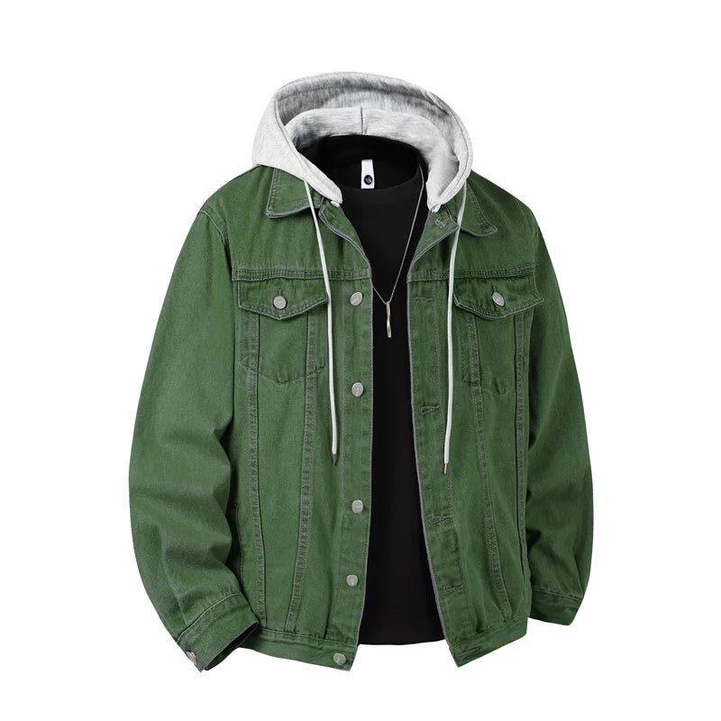 Autumn Men's Green Hooded Denim Jacket, Detachable Hood, Available in Gray, Black, and Blue.