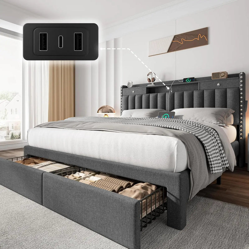 Queen Bed Frame with Headboard ＆ 4 Storage Drawers, Velvet Upholstered Platform Bed Frame Queen Size with 3 USB &, Customized