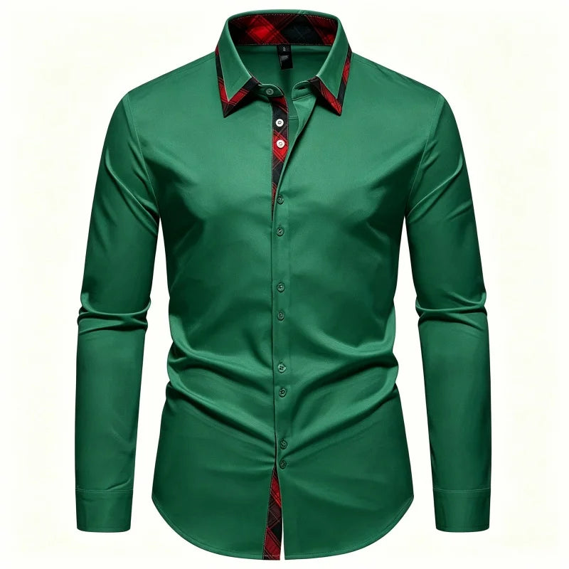 Men's Slim Fit Dress Shirt Plaid Patchwork Collar Long | SAMAG