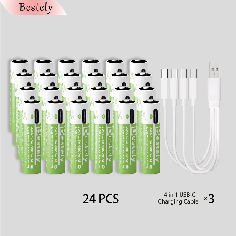 New Rechargeable 1.5v AAA Lithium Batteries 6800mAh Capacity, USB-C AAA Li-ion Battery 2000 times cycle with cable for free
