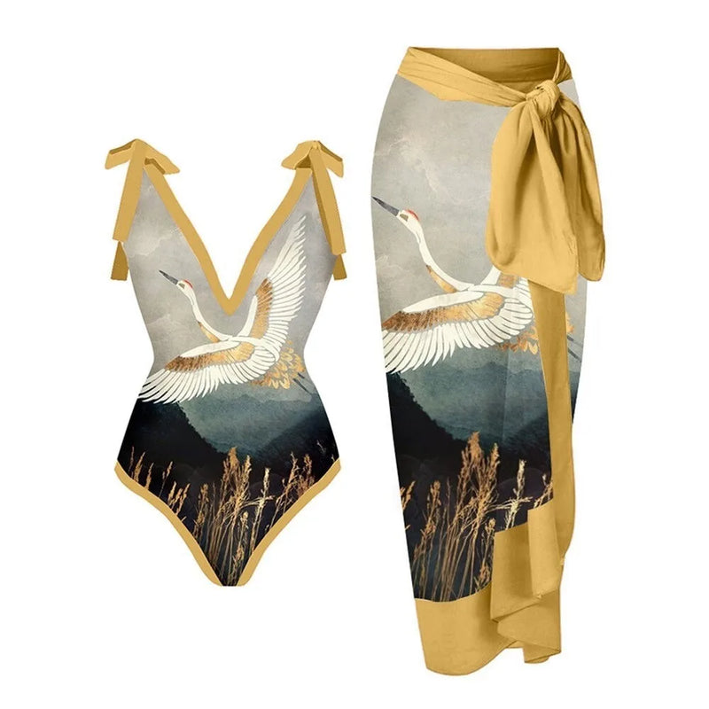 Fashion Women Cover Swimsuit Retro Print Gorgeous One-Piece Suit with Swimwear Beach Casual Swimwear Skirt That Wraps Hips