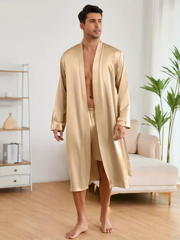Men's Robe Shorts Pajamas Set Silky Satin Sleepwear Nightgown Loose Casual Long Sleeves Bathrobe Kimono Baroque Style Loungewear