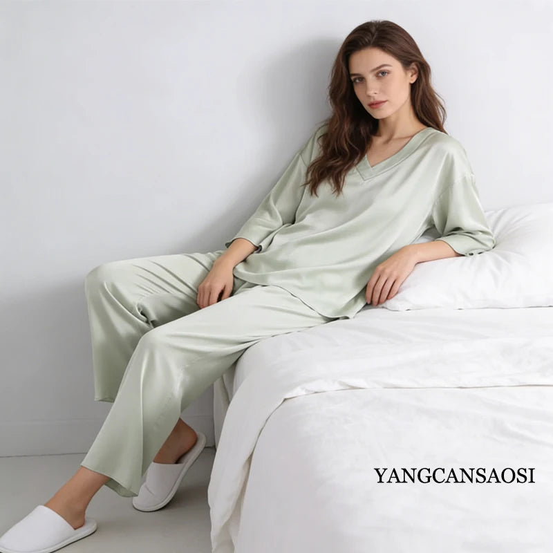 20MM 100% Natural Mulberry Silk Satin Pajama Set Solid Color V-neck Three-quarter Sleeve Tops Pants Women's Home Suit Set