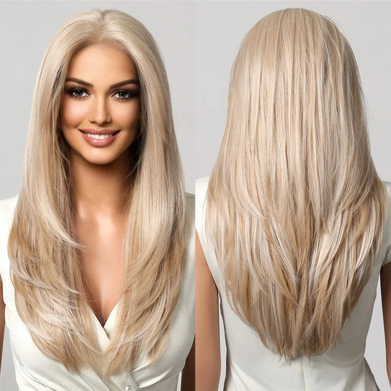 HENRY MARGU Ash Blonde Lace Synthetic Wigs 13*6 Lace Front Wigs Ombre Natural Dark Roots Wigs for Daily Heat Resistant Fiber