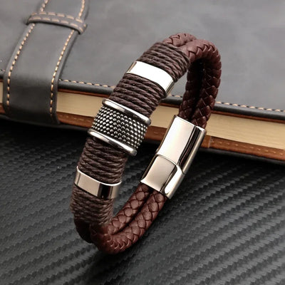 Luxury Vintage Multilayer Brown Leather Stainless Steel Men Bracelet Bead Jewelry Male Wrist Bangle Christmas Gifts | SAMAG