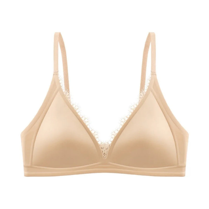 Ins Simple Satin Satin Wireless V Bra V Lace Neck Traceless Push Up Underwear Lingerie Solid Color Satin Lace Brassiere Running