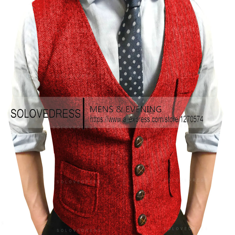 Men's Suit Vest V Neck Notched Lapel Slim Fit Leisure Wool Herringbone Tweed Vest Men for Wedding Groomsmen Mens Waistcoat Vest