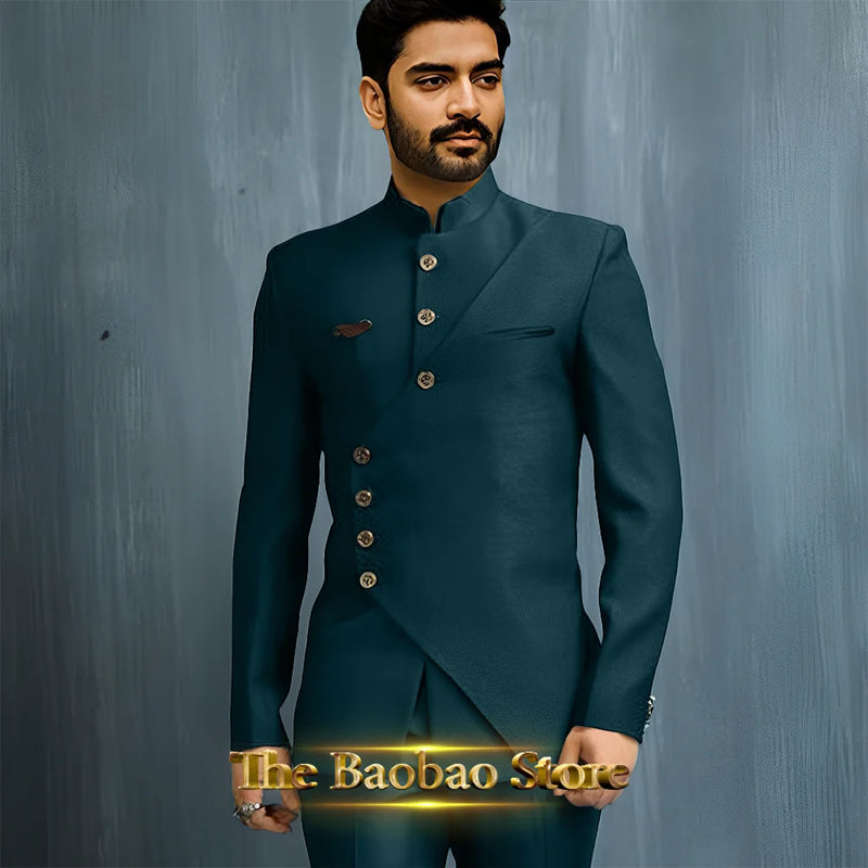 Matching Design Men's Suit 2pcs African/Indian Safiri Attire Customized Set with Gold Button for Wedding Party Formal Events