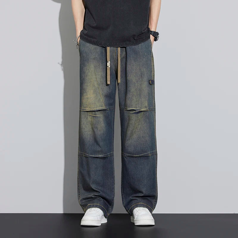 Japanese Style Textured Grid Men's Jeans Plus Size Loose | SAMAG