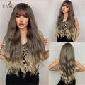 Long Blonde Ombre Brown Synthetic Wigs Water Wavy Platinum Wigs with Bang Hair Wig for Women Daily Cosplay Party Heat Resistant