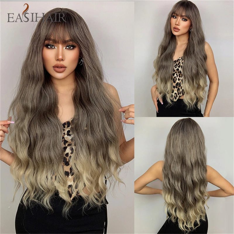 Long Blonde Ombre Brown Synthetic Wigs Water Wavy Platinum Wigs with Bang Hair Wig for Women Daily Cosplay Party Heat Resistant