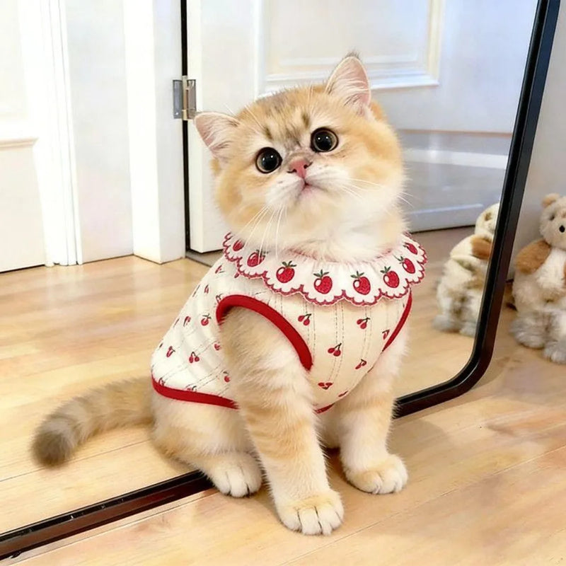 Cute Cherry Pattern Cat Flower Edge Vest Thin Breathable Cat Pullover Comfortable Sweet Pet Shirt Pet Clothing