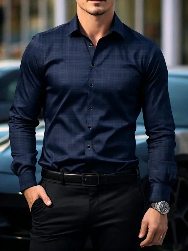 Men's dark plaid long sleeved shirt slim fit European | SAMAG