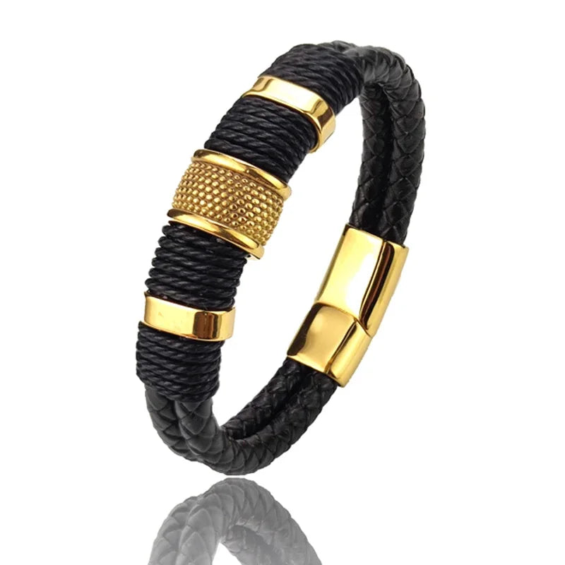 Luxury Vintage Multilayer Brown Leather Stainless Steel  Men Bracelet Bead Bracelet Jewelry Male Wrist Bangle Christmas Gifts