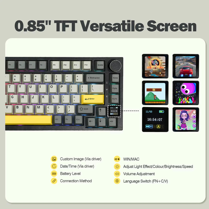 Ajazz AK820 Pro 75% Gasket-mounted Wired/Bluetooth 5.1/2.4G Wireless Mechanical Keyboard with TFT Screen for Win/Mac