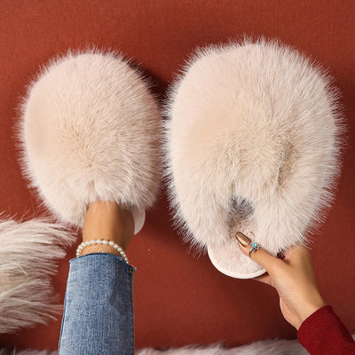 Women Indoor Slippers Winter Faux Fur Home Shoes Women 2025 New Soft Sole Fashion Warm Fluffy Slippers Solid Baotou Slides Women