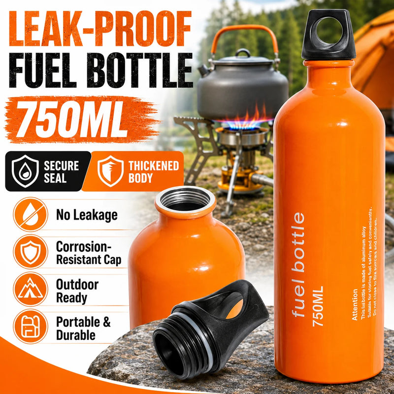 750ml Aluminum Fuel Bottle Camping Stove Gas Oil Storage Can Leakproof Orange Lightweight Outdoor Fuel Container for Backpacking Hiking Picnic Camp Burner Refill Portable Travel Bottle Durable Safety Cap Camping Gear Accessor