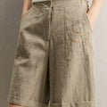Women's Vintage Rose print Linen Blend Wide Leg Bermuda Shorts High Waist Casual Knee Length Summer Trousers with Pockets