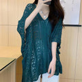 Women Beach Cover Up Crochet Sexy Deep V-Neck Side Slit Short Sleeve Hollow Out Knitted Fashion Cover-Ups Knitting Smock