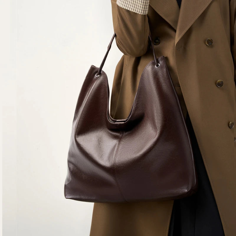 BURMINSA Luxury Genuine Leather Handbags Large Slouchy Hobo Shoulder Bags For Women Cowhide Shopping Tote Business Work Purses