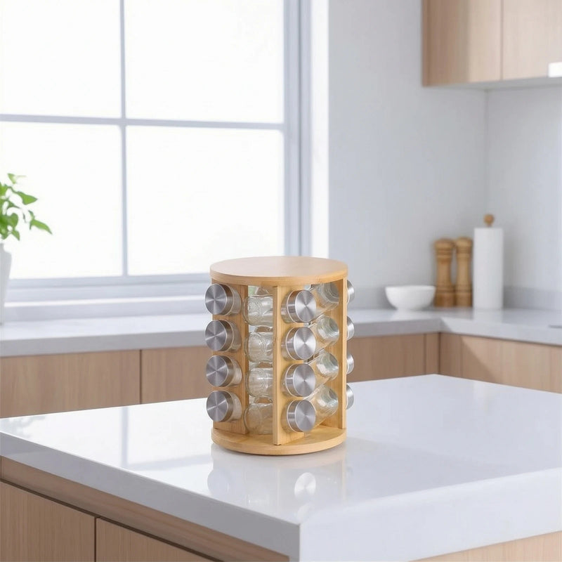 Bamboo Seasoning Rack with Glass Jars Countertop with Bottle Set Revolving Rotating for Cooks - View 6 | SAMAG