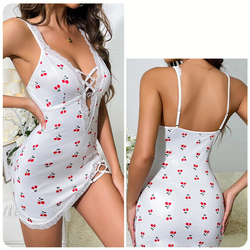 Sexy Cherry Print Nightgown Women's Lace Trim Lingerie | SAMAG