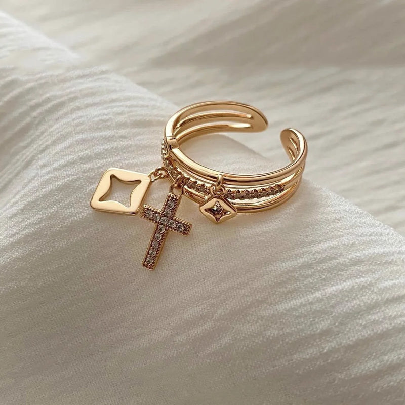 2025 Nwe Stainless Steel 18 K Gold Plated Sun Rings for Women Natural Stone Inlaid in Hollow Metal Texture Ring Trendy Jewelry