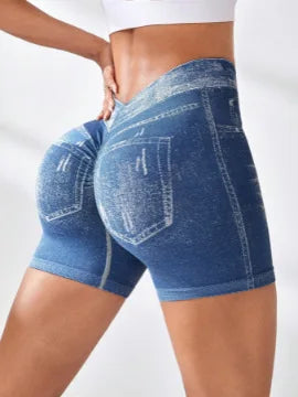 Women Seamless V Back Shorts Faux Jeans Elastic Yoga Pants Butt Lifting Leggins Fitness Athletic Workout Sports Short Tights